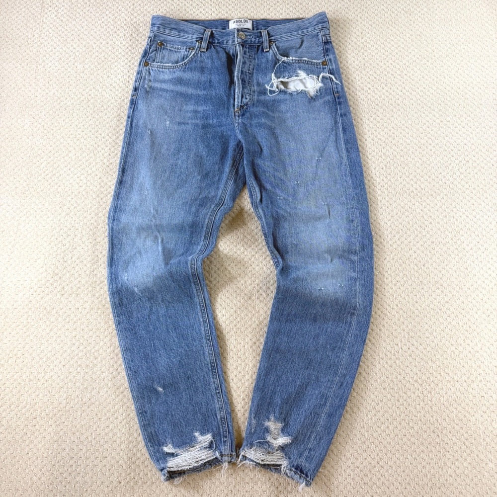 AGOLDE Jamie High Rise Jeans Womens 27 Blue Distressed Straight Leg Raw Hem